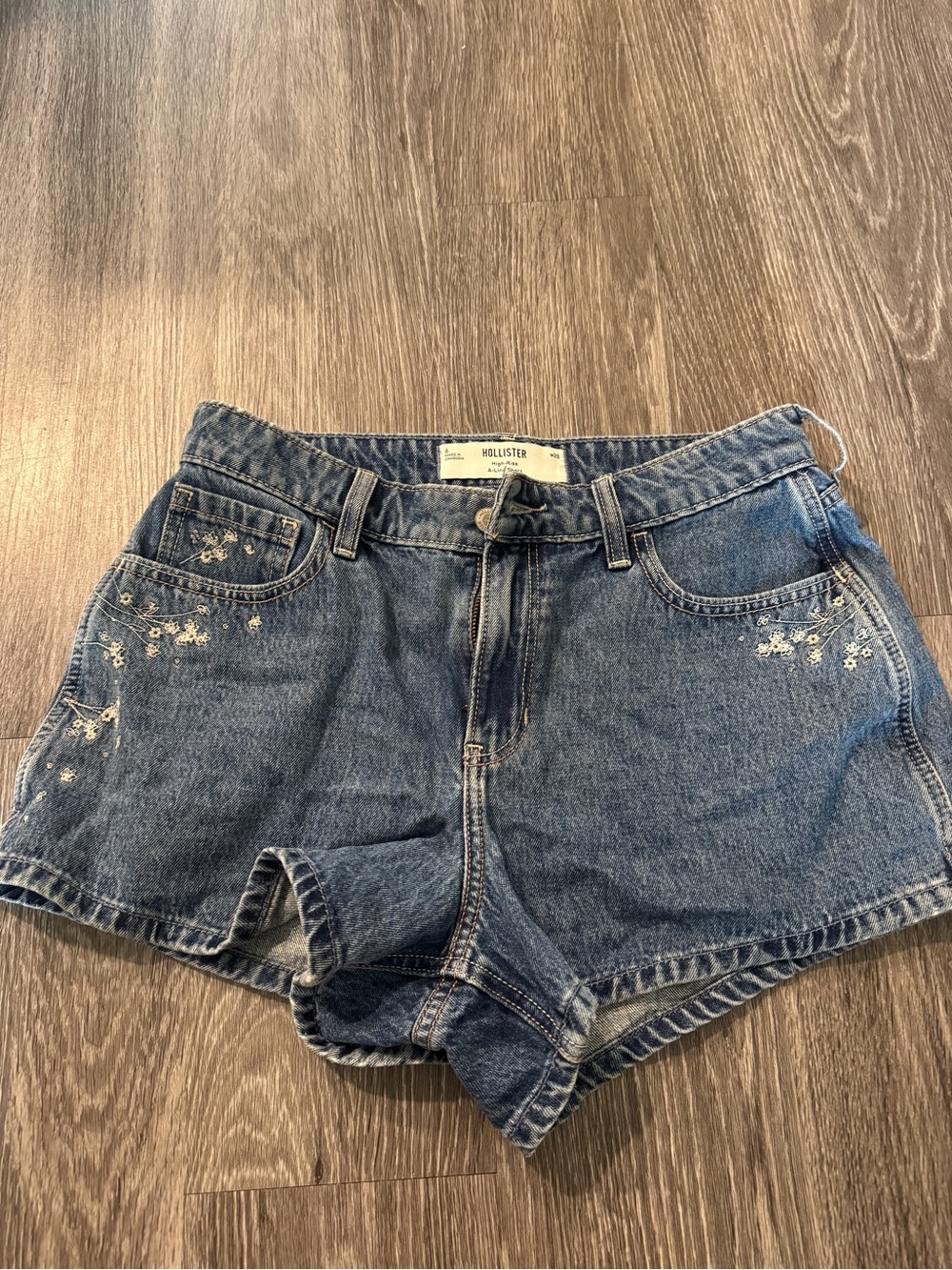 High Rise A Line Embroidered Denim Shorts